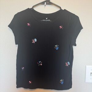 American Eagle Outfitters Black Tee with Floral Embroidery